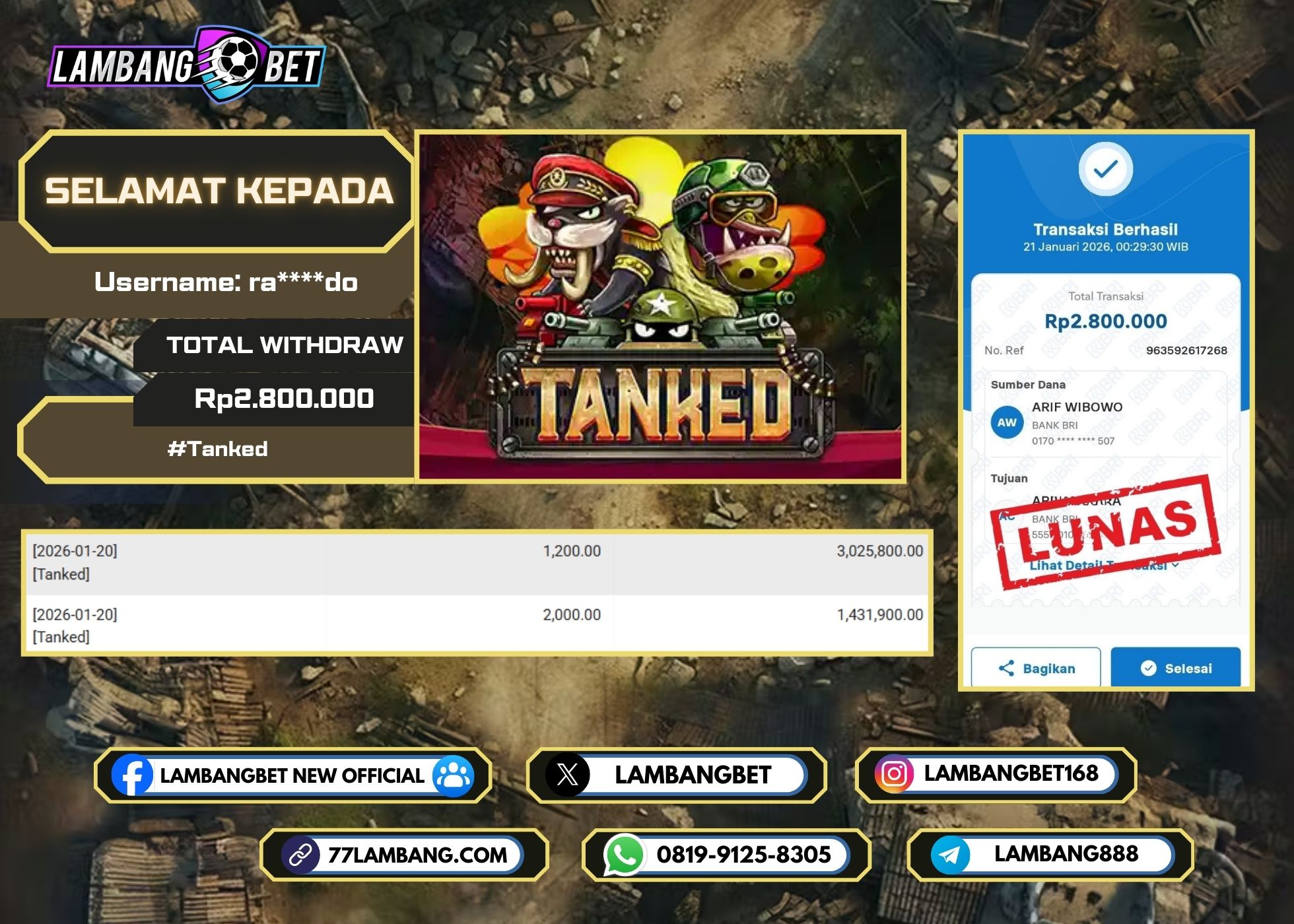 LAMBANGBET [21 JANUARI 2025] JACKPOT SLOT Tanked "Rp2.800.000" LUNAS